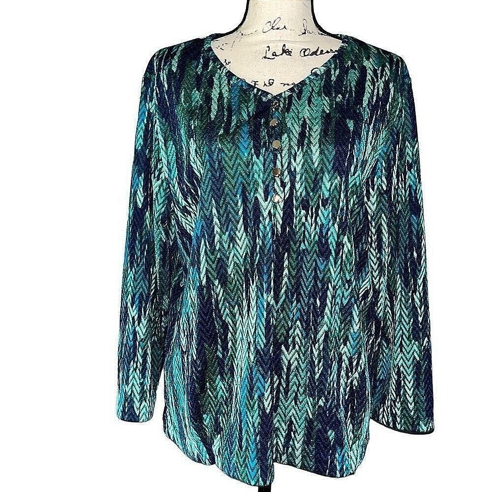 BonWorth Womens Petite Medium Teal Blue Abstract Chevron‎ Knit V-Neck Top 47053